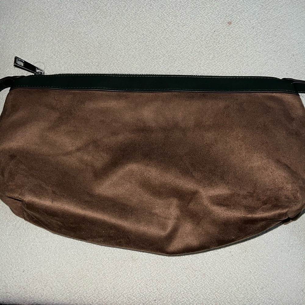 Sondra Roberts Squared Vegan Leather Brown Suede Clutch Purse Makeup Bag Travel.